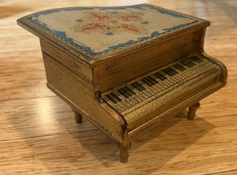 VTG Florentine Style Grand Piano Music Box Decorative Jewelry Box Wooden Works